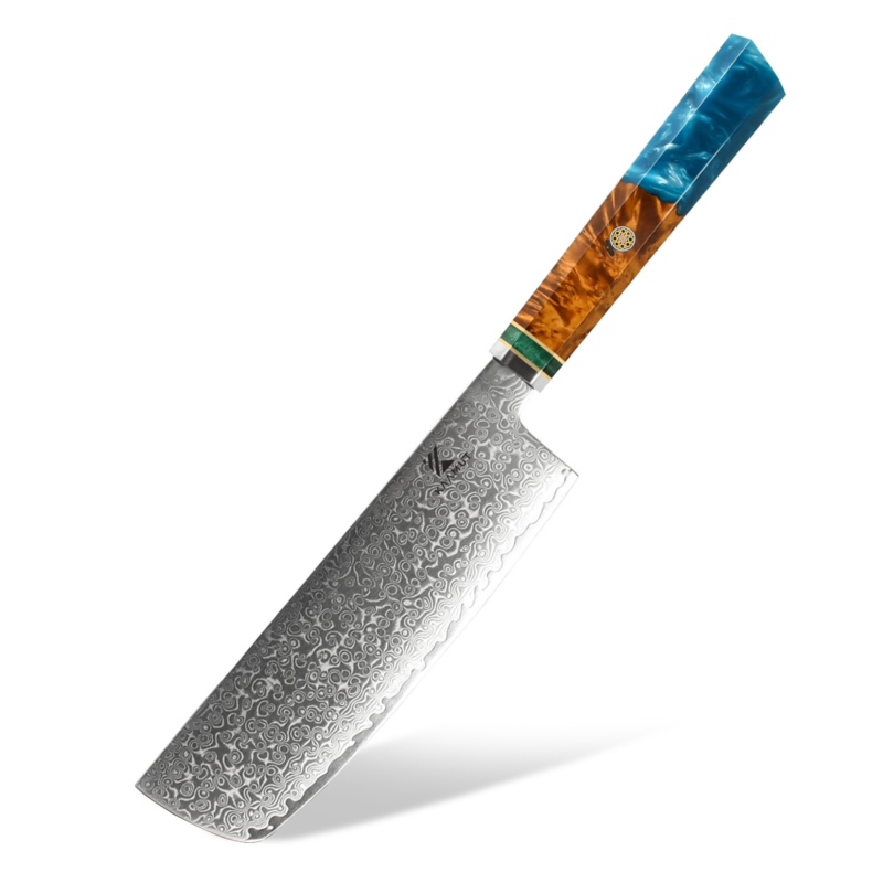 Kaamut® – Shinrin Series – Professional Nakiri Knife – 67 Layers Damascus Steel- Sapphire Blue Epoxy and Oak Handle