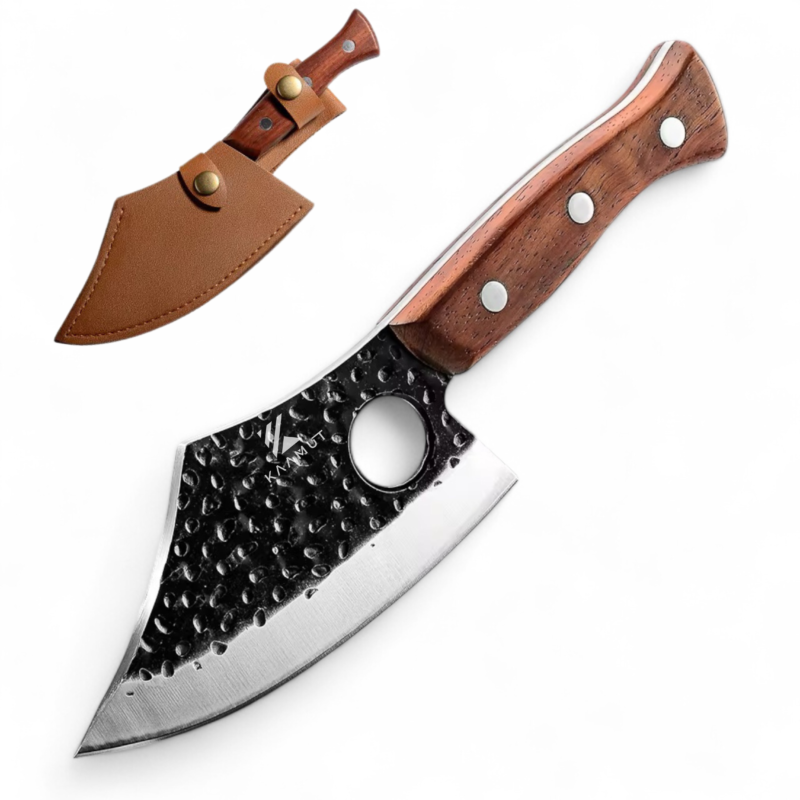Kaamut® - Kage Series - Professional Boning Knife - Bbq Knife - Hammered Steel - Black Finish -  Leather Sheath