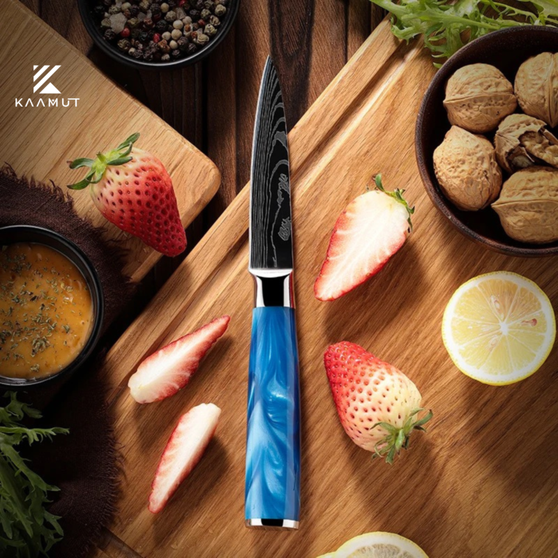 KAAMUT® – 2 Piece Knife Set – Japanese Damascus Print – Blue Resin Handle – Premium Quality – Luxury Gift Box - Image 6