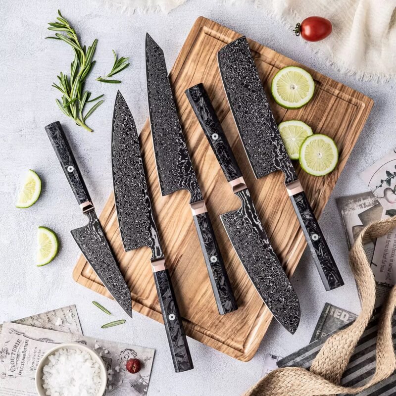 67-Layer Black Damascus Steel Knife Set – 5 Piece | Obsidian Series | Professional Japanese Knives – KAAMUT® - Image 9