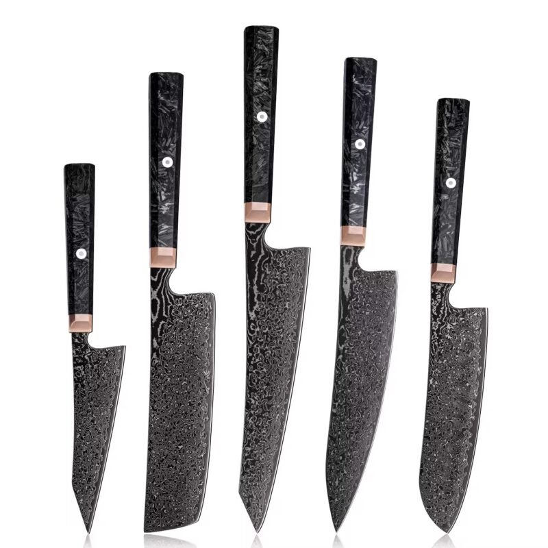 67-Layer Black Damascus Steel Knife Set – 5 Piece | Obsidian Series | Professional Japanese Knives – KAAMUT®