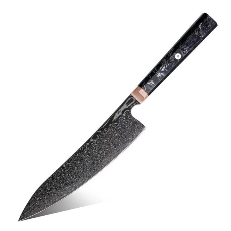 67-Layer Black Damascus Steel Chef's Knife – 8.3I" | Obsidian Series | Copper & Carbon Fiber Handle – KAAMUT®