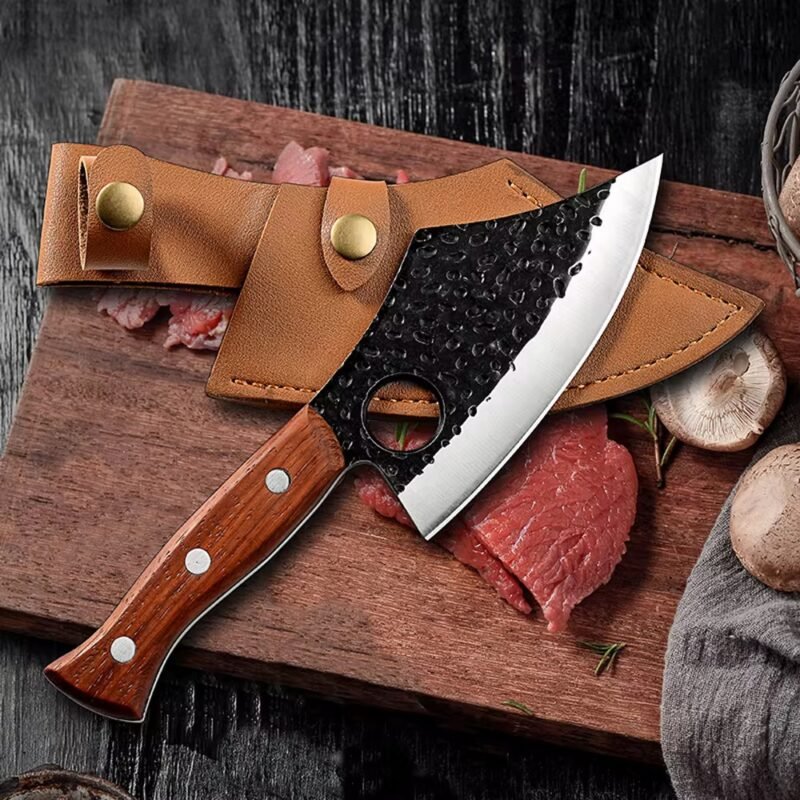 Kaamut® - Kage Series - Professional Boning Knife - Bbq Knife - Hammered Steel - Black Finish -  Leather Sheath - Image 4
