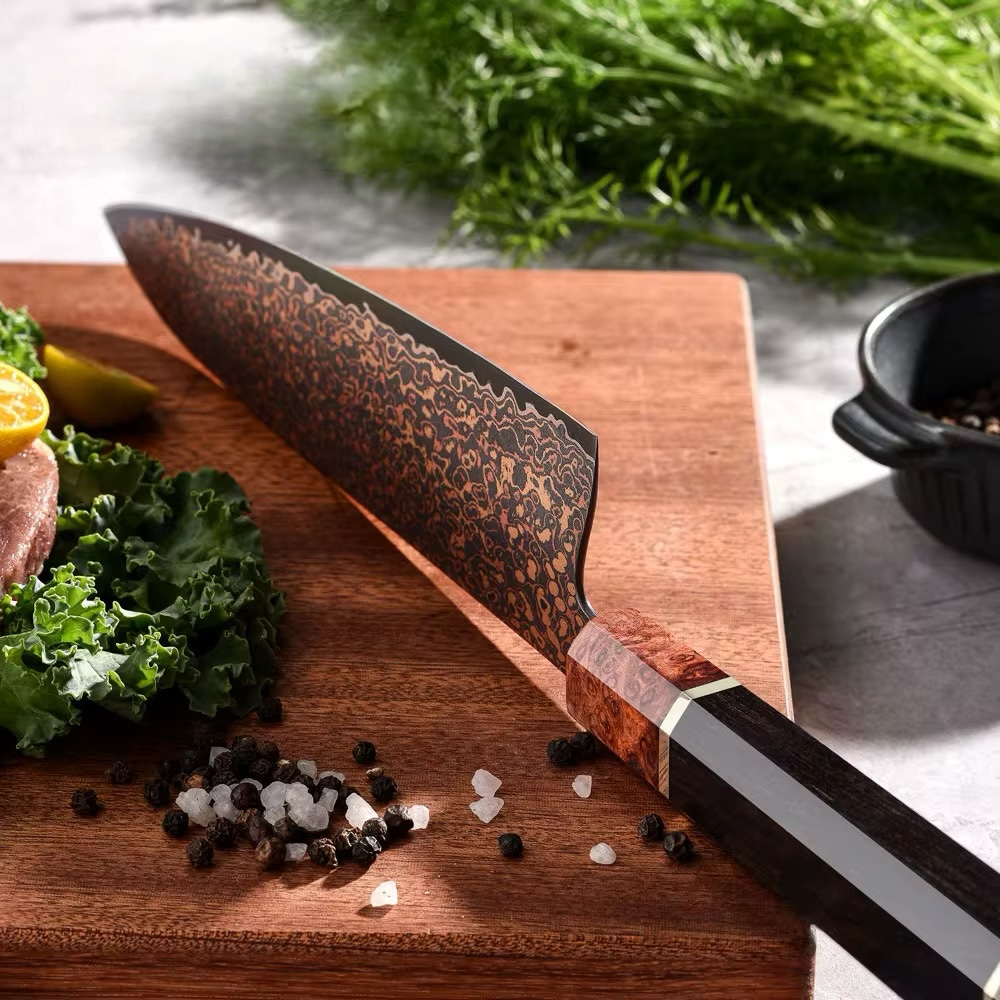 37-Layer Black Damascus Steel Slicing Knife – 9" | Copper Finish | Kensei Series | Burl Knurl Wood & Ebony Handle – KAAMUT® - Image 9