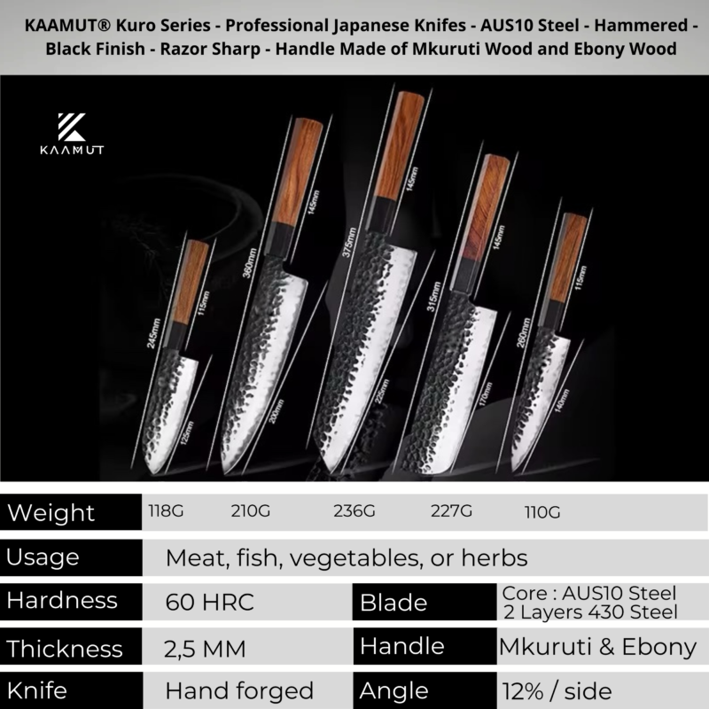 AUS-10 Japanese Steel Santoku Knife – 7.5" | Kuro Series | Hammered Black  Finish | Wooden Sheath – KAAMUT® - Image 7