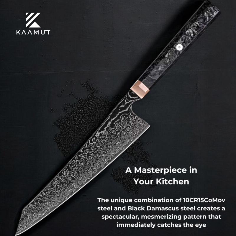 67-Layer Black Damascus Steel Chef's Knife – 8.3I" | Obsidian Series | Copper & Carbon Fiber Handle – KAAMUT® - Image 2