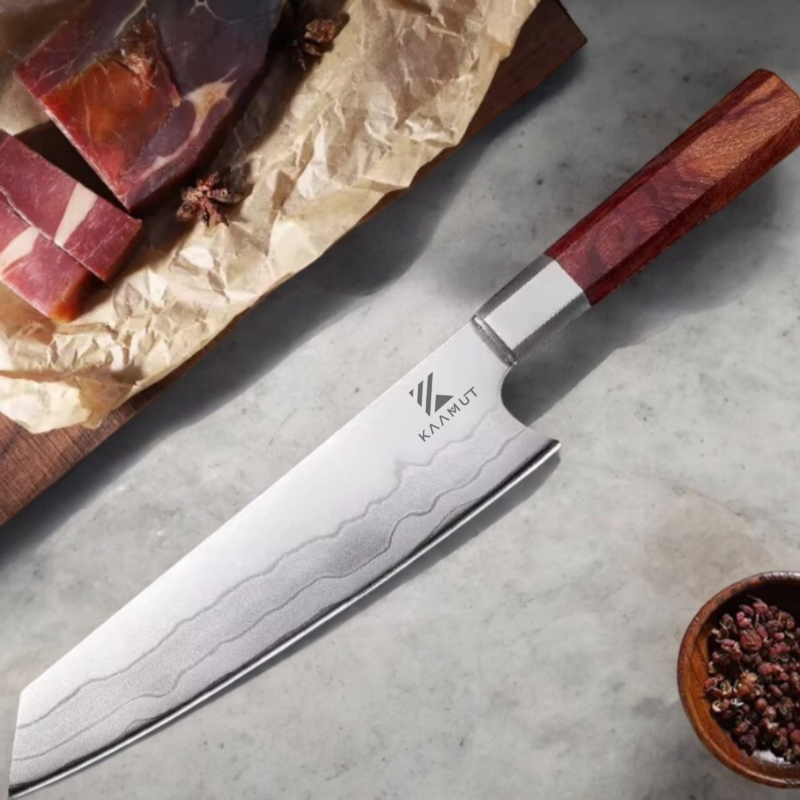 7-Layer Damascus Steel Santoku Knife – 7" | Professional Japanese Kitchen Knife | Arashi Series | Mkuruti Wood Handle – KAAMUT® - Image 5