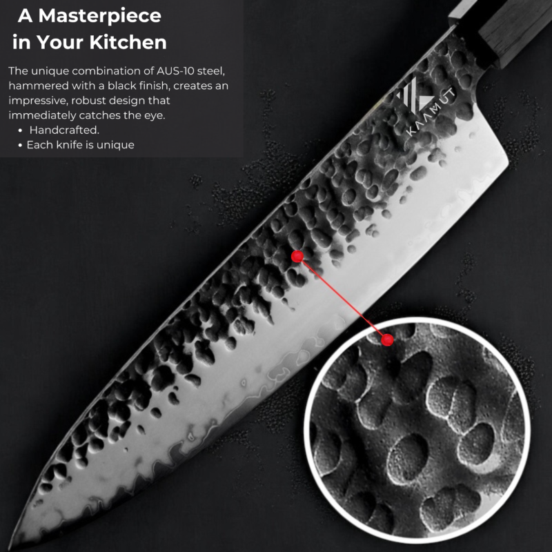 AUS-10 Japanese Steel Santoku Knife – 7.5" | Kuro Series | Hammered Black  Finish | Wooden Sheath – KAAMUT® - Image 5