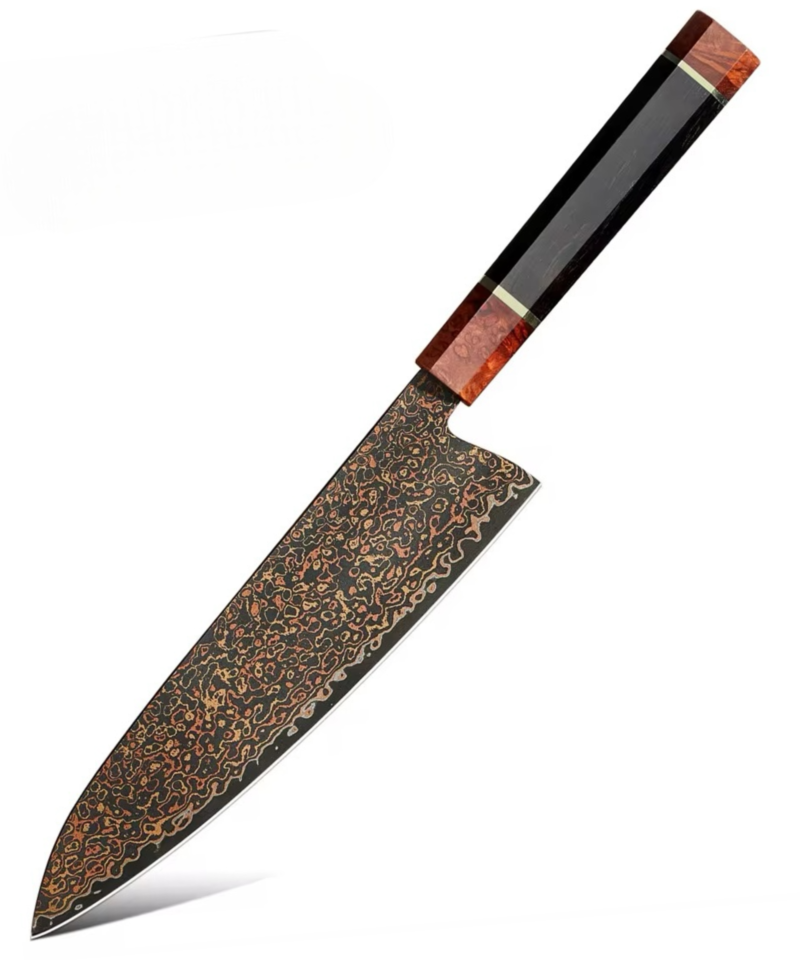 37-Layer Black Damascus Steel Chef’s Knife – 8" | Copper Finish | Kensei Series | Burl Knurl Wood & Ebony Handle – KAAMUT®