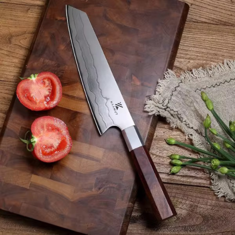 7-Layer Damascus Steel Santoku Knife – 7" | Professional Japanese Kitchen Knife | Arashi Series | Mkuruti Wood Handle – KAAMUT® - Image 6