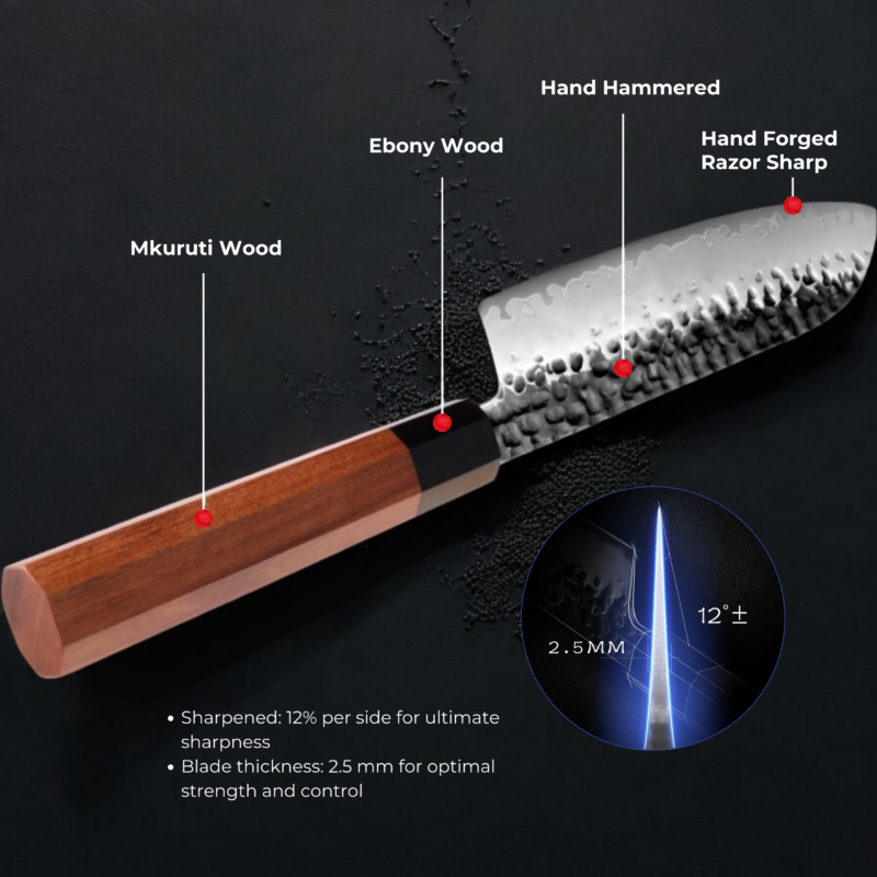 AUS-10 Japanese Steel Santoku Knife – 7.5" | Kuro Series | Hammered Black  Finish | Wooden Sheath – KAAMUT® - Image 2