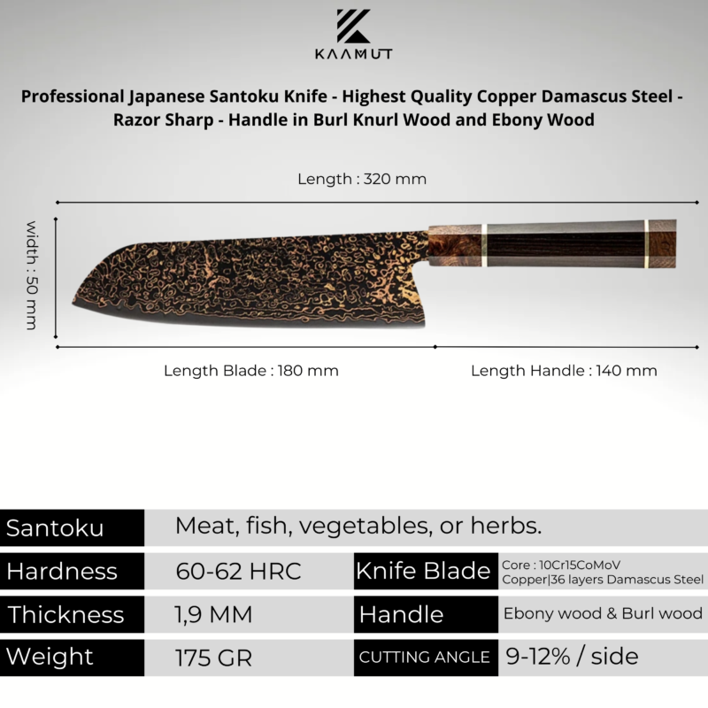 KAAMUT® - Kensei Series - Professional Santoku Knife – Black Damascus Steel with Copper Finish – Razor Sharp - Image 4