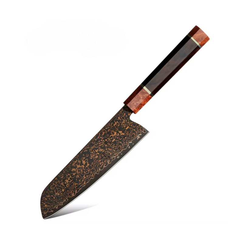37-Layer Black Damascus Steel Santoku Knife – 7" | Copper Finish | Kensei Series | Burl Knurl Wood & Ebony Handle – KAAMUT®