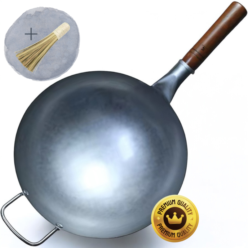 KAAMUT® - Professional Hand-Hammered Wok 36 cm – Traditional Chinese Carbon Steel Wok with Round Bottom, Wooden & Steel Handles