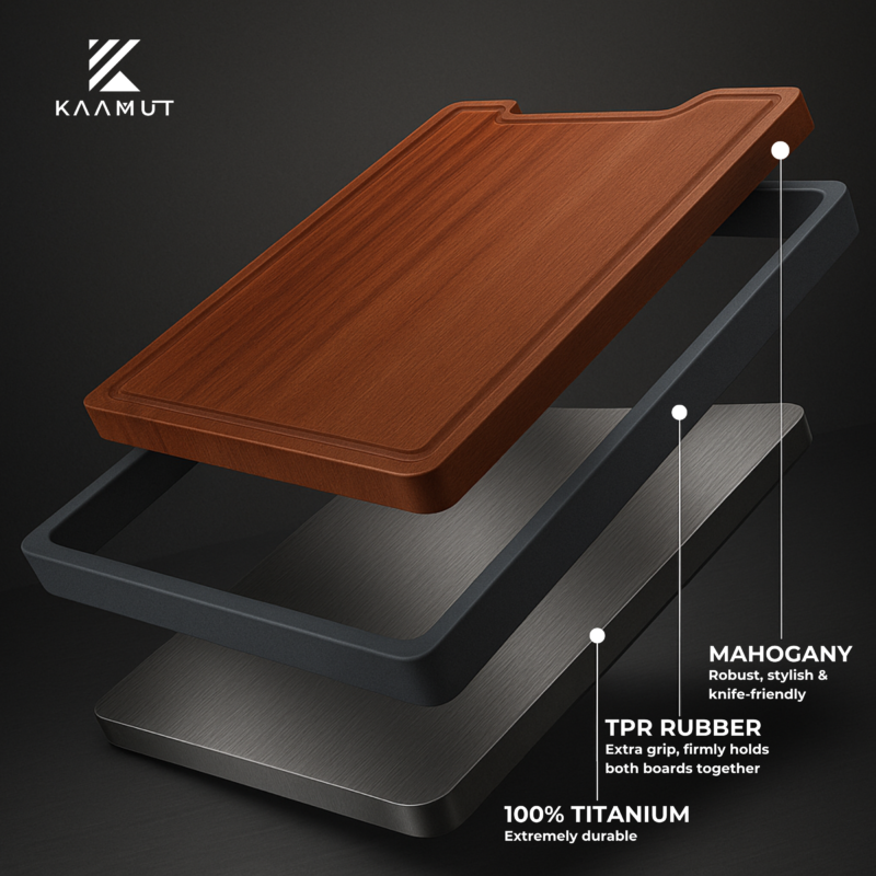 KAAMUT® Professional Cutting Board – Double-Sided – Titanium & Solid Mahogany Wood – 38x26x2 cm – Durable and Knife-Friendly - Image 2