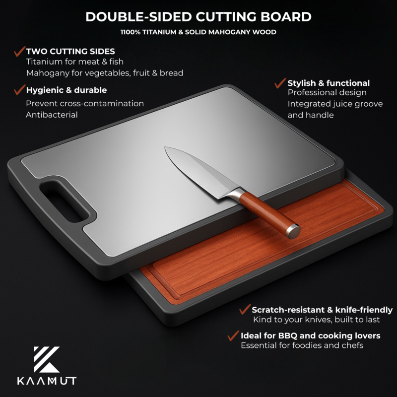 KAAMUT® Professional Cutting Board – Double-Sided – Titanium & Solid Mahogany Wood – 38x26x2 cm – Durable and Knife-Friendly - Image 3