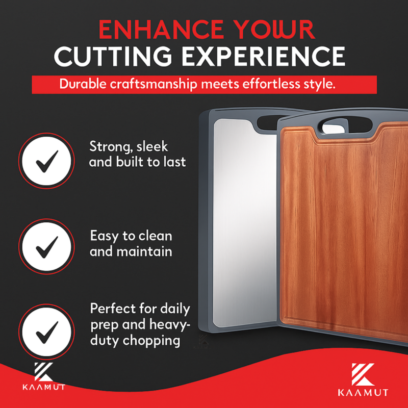 KAAMUT® Professional Cutting Board – Double-Sided – Titanium & Solid Mahogany Wood – 38x26x2 cm – Durable and Knife-Friendly - Image 6