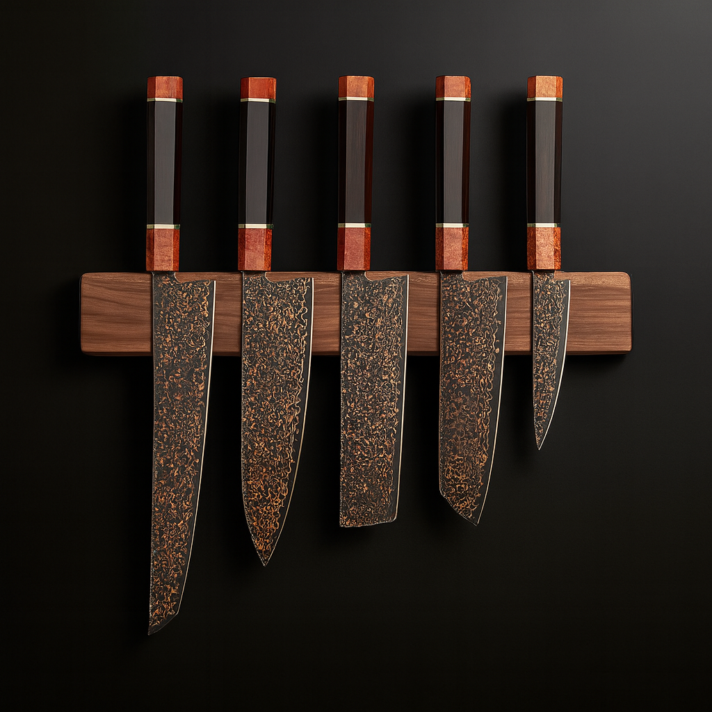 37-Layer Black Damascus Steel Knife Set – 5-Piece | Kensei Series | Copper Finish | Burl Knurl Wood & Ebony Handle – KAAMUT® - Image 8