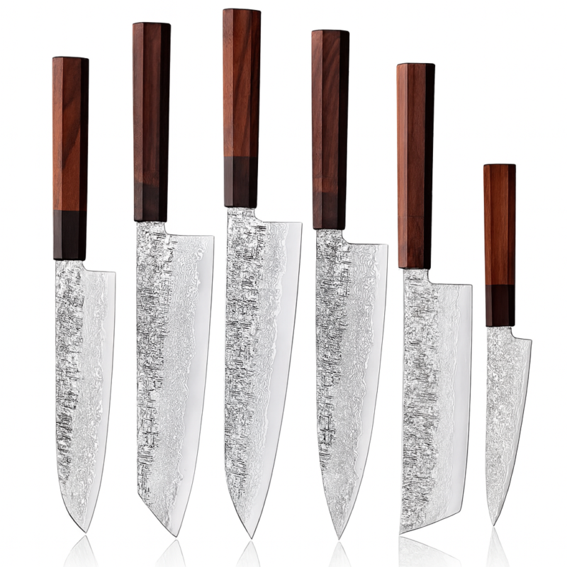 67-Layer Damascus Steel Knife Set – 6 Pieces | Japanese Chef’s Knives – Special Edition 2025 | Sandalwood & Ebony Handle – KAAMUT®
