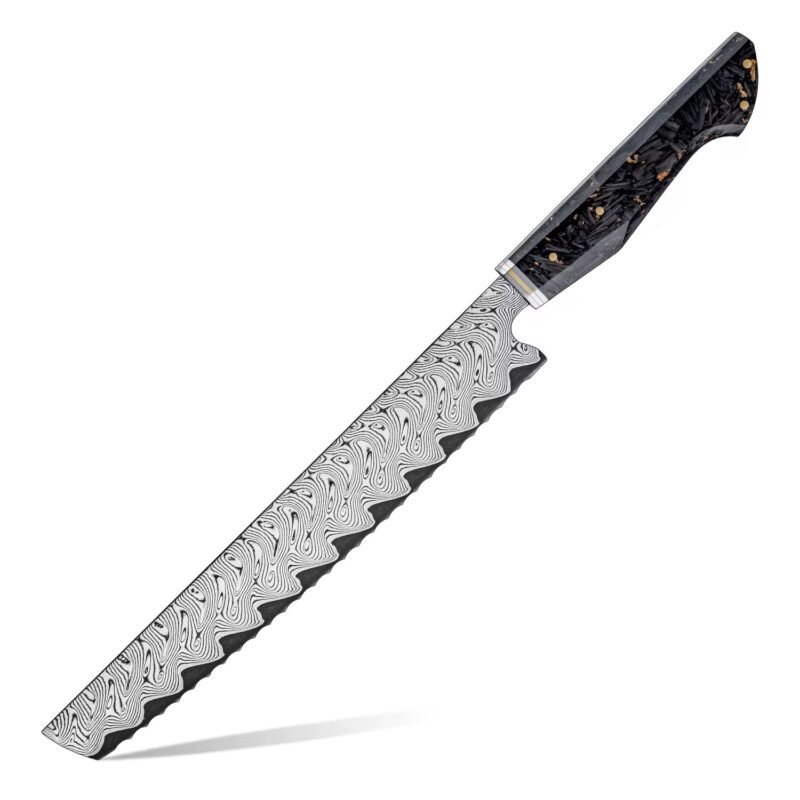67-Layer Damascus Steel Bread Knife – 9.5" | Professional Japanese Kitchen Knife | Kogane Series | Carbon Fiber & Gold Foil Handle – KAAMUT®