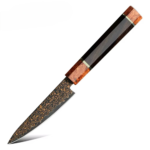 37-Layer Black Damascus Steel Utility Knife – 5" | Copper Finish | Kensei Series | Burl Knurl Wood & Ebony Handle – KAAMUT®