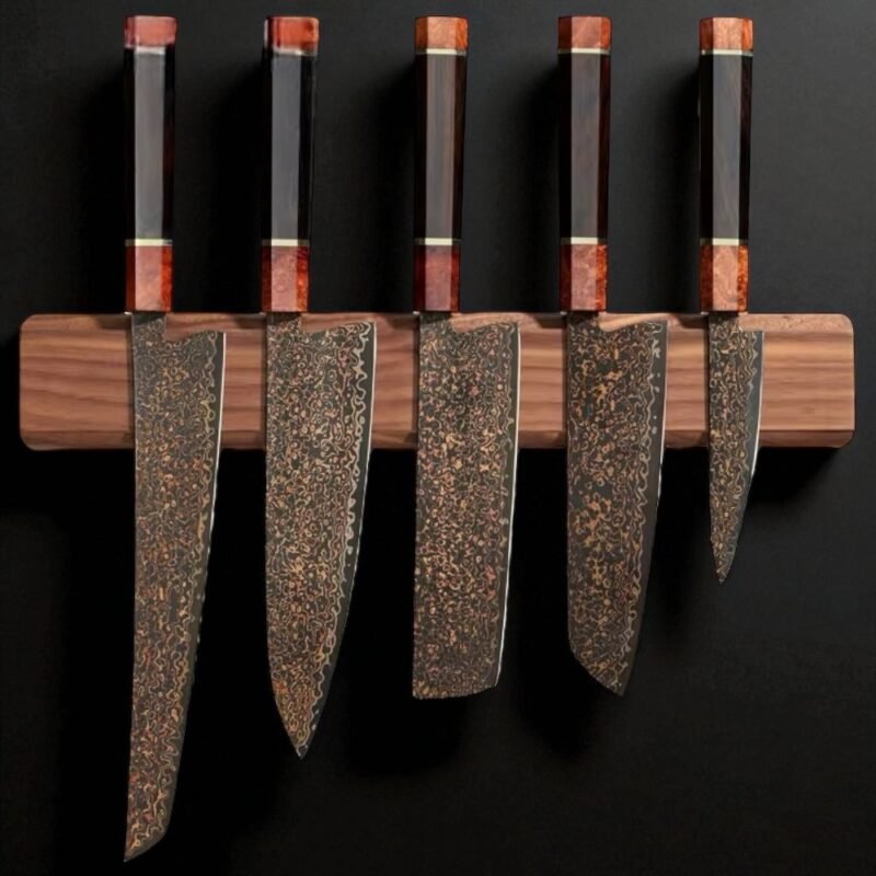 37-Layer Black Damascus Steel Santoku Knife – 7" | Copper Finish | Kensei Series | Burl Knurl Wood & Ebony Handle – KAAMUT® - Image 8