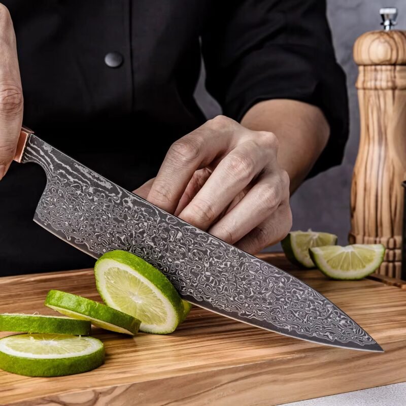 67-Layer Black Damascus Steel Chef's Knife – 8.3I" | Obsidian Series | Copper & Carbon Fiber Handle – KAAMUT® - Image 6