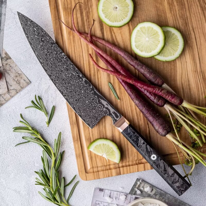 67-Layer Black Damascus Steel Chef's Knife – 8.3I" | Obsidian Series | Copper & Carbon Fiber Handle – KAAMUT® - Image 7