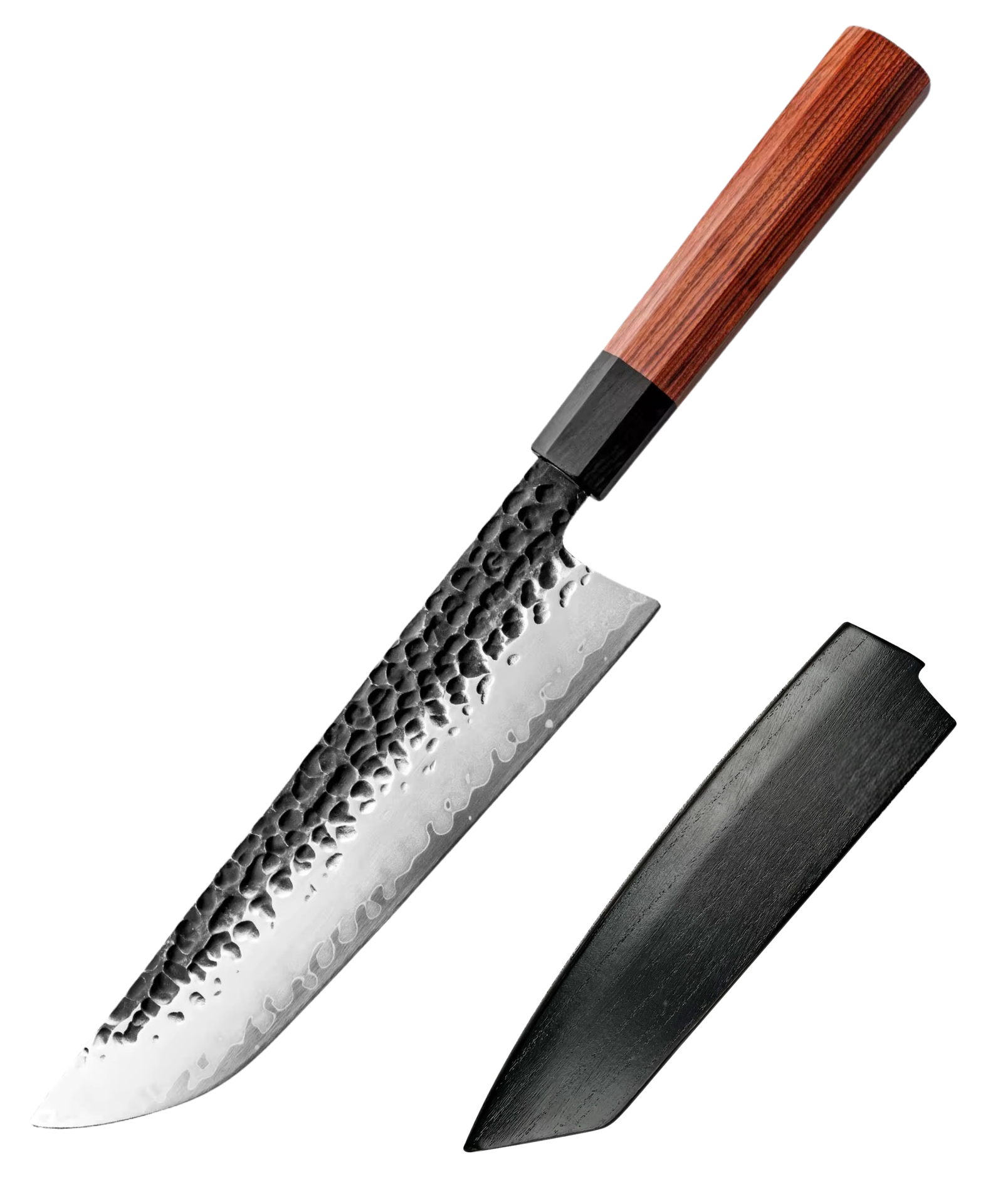 AUS-10 Japanese Steel Sakimaru Knife – 8" | Kuro Series | Hammered Black Finish | Wooden Sheath - KAAMUT®