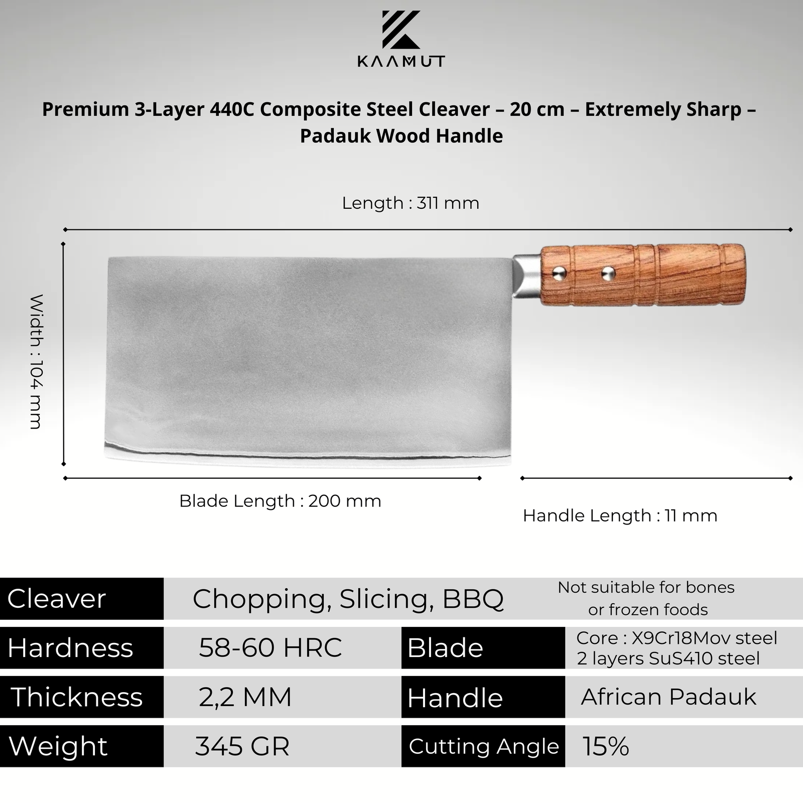 Premium 3-Layer 440C Composite Steel Cleaver – 20 cm – Extremely Sharp – Padauk Wood Handle – Gift Box – KAAMUT® - Image 8