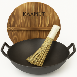Professional Cast Iron Wok Pan Ø36 cm – With Wooden Lid & Bamboo Wok Brush – Suitable for All Heat Sources – KAAMUT®