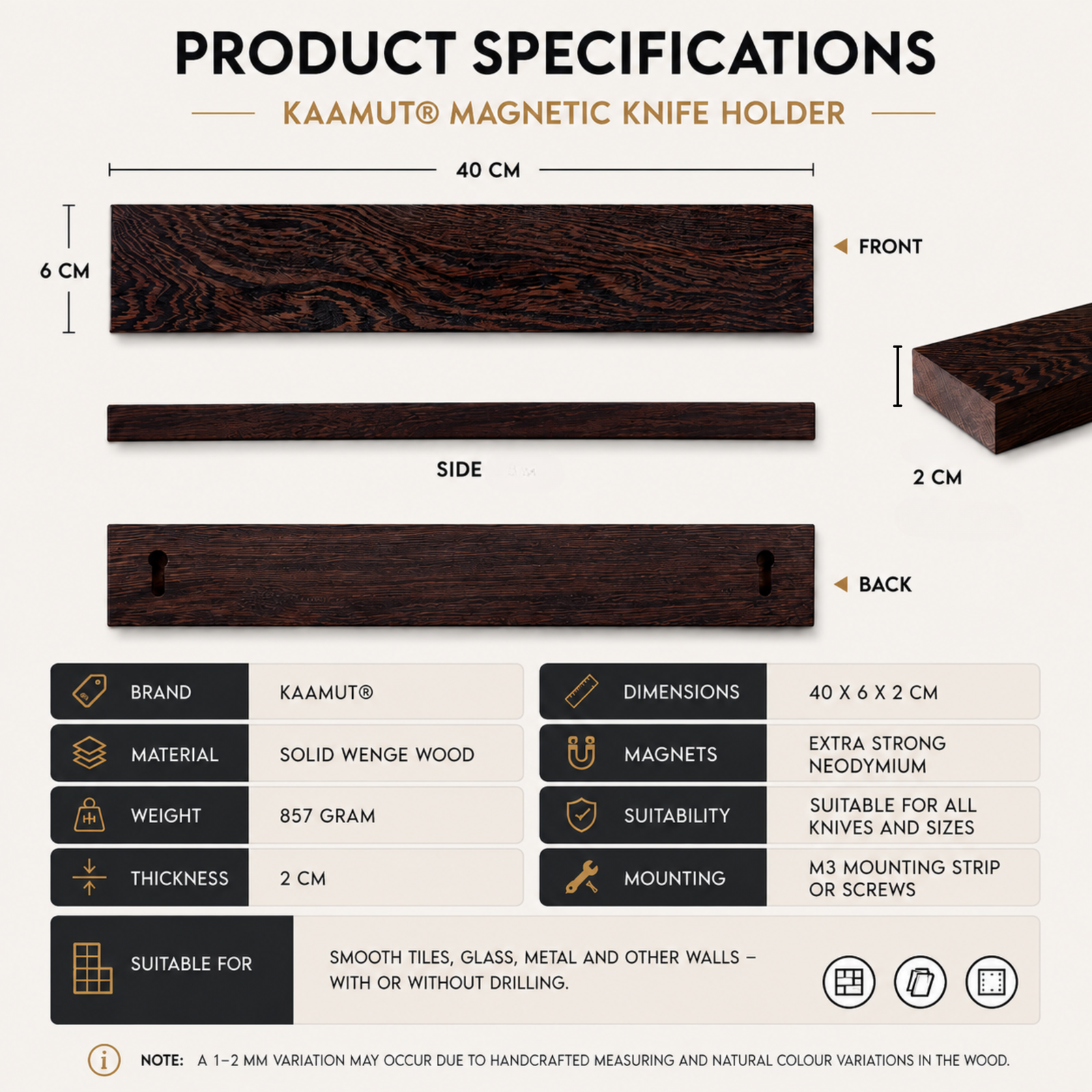 KAAMUT® Magnetic Knife Holder 40 cm – Wenge Wood – Extra Strong Knife Magnet - Image 3