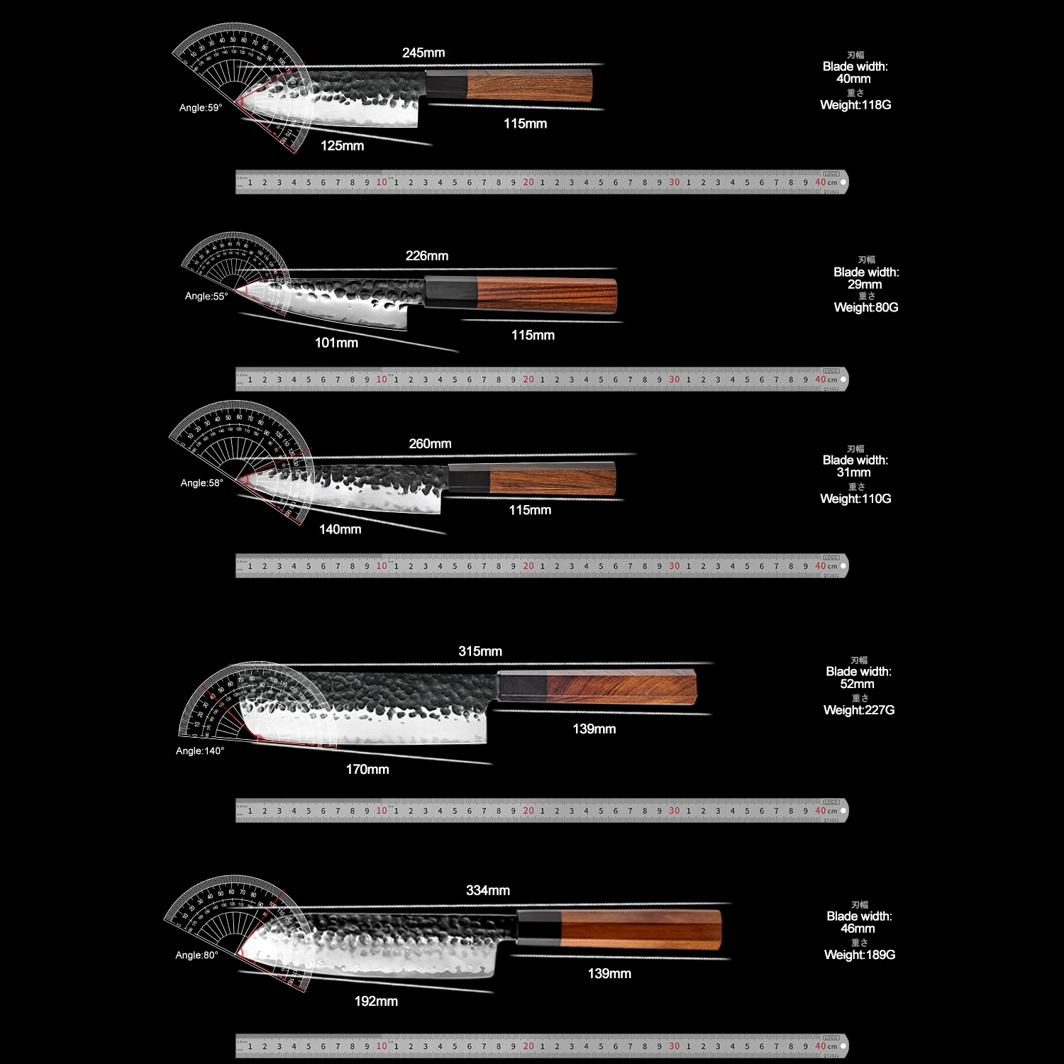 KAAMUT® 9-Piece Knife Set – AUS-10 Japanese Steel – Hammered Black Finish - Image 4