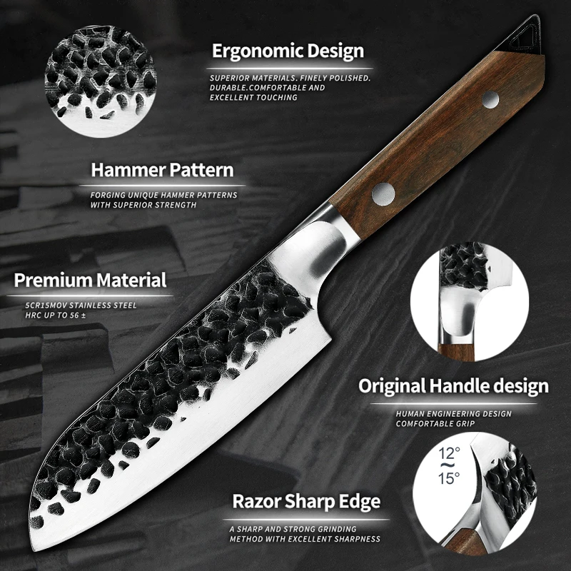 KAAMUT® 7 Piece Knife Set – Hammered 5Cr15Mov Steel – Black Finish – Ebony Wood Handle - Image 6