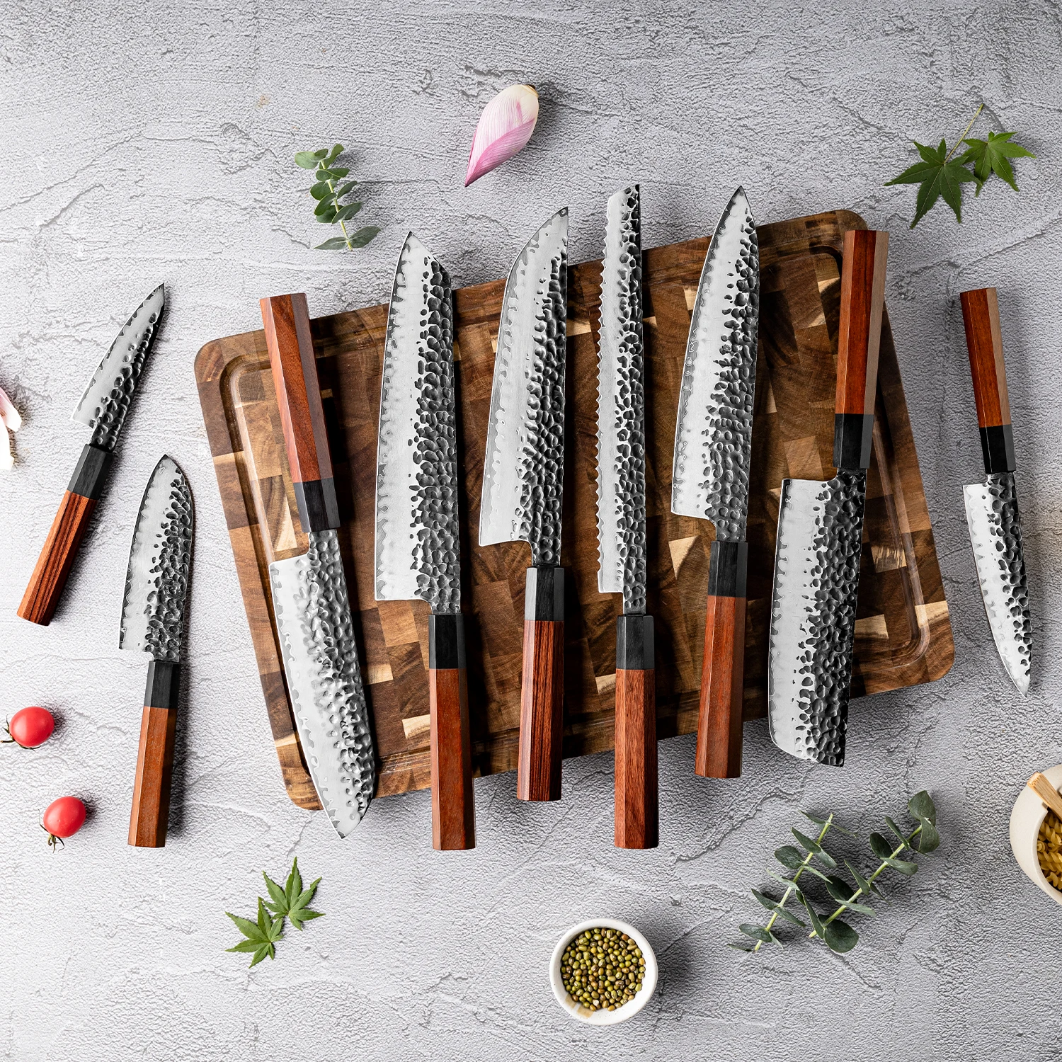 KAAMUT® 9-Piece Knife Set – AUS-10 Japanese Steel – Hammered Black Finish - Image 2