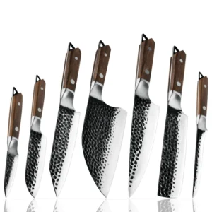 KAAMUT® 7 Piece Knife Set – Hammered 5Cr15Mov Steel – Black Finish – Ebony Wood Handle