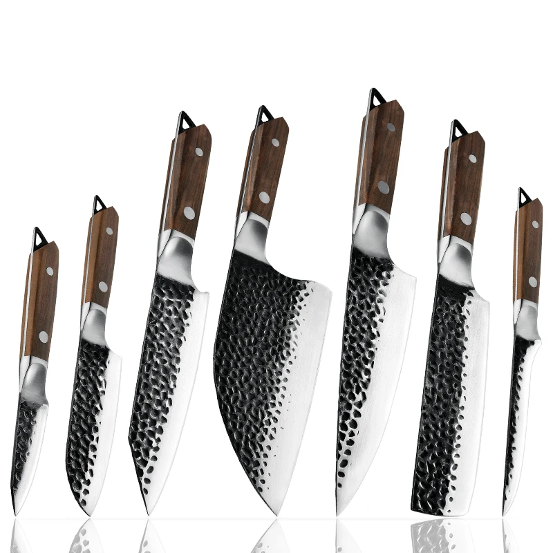 KAAMUT® 7 Piece Knife Set – Hammered 5Cr15Mov Steel – Black Finish – Ebony Wood Handle