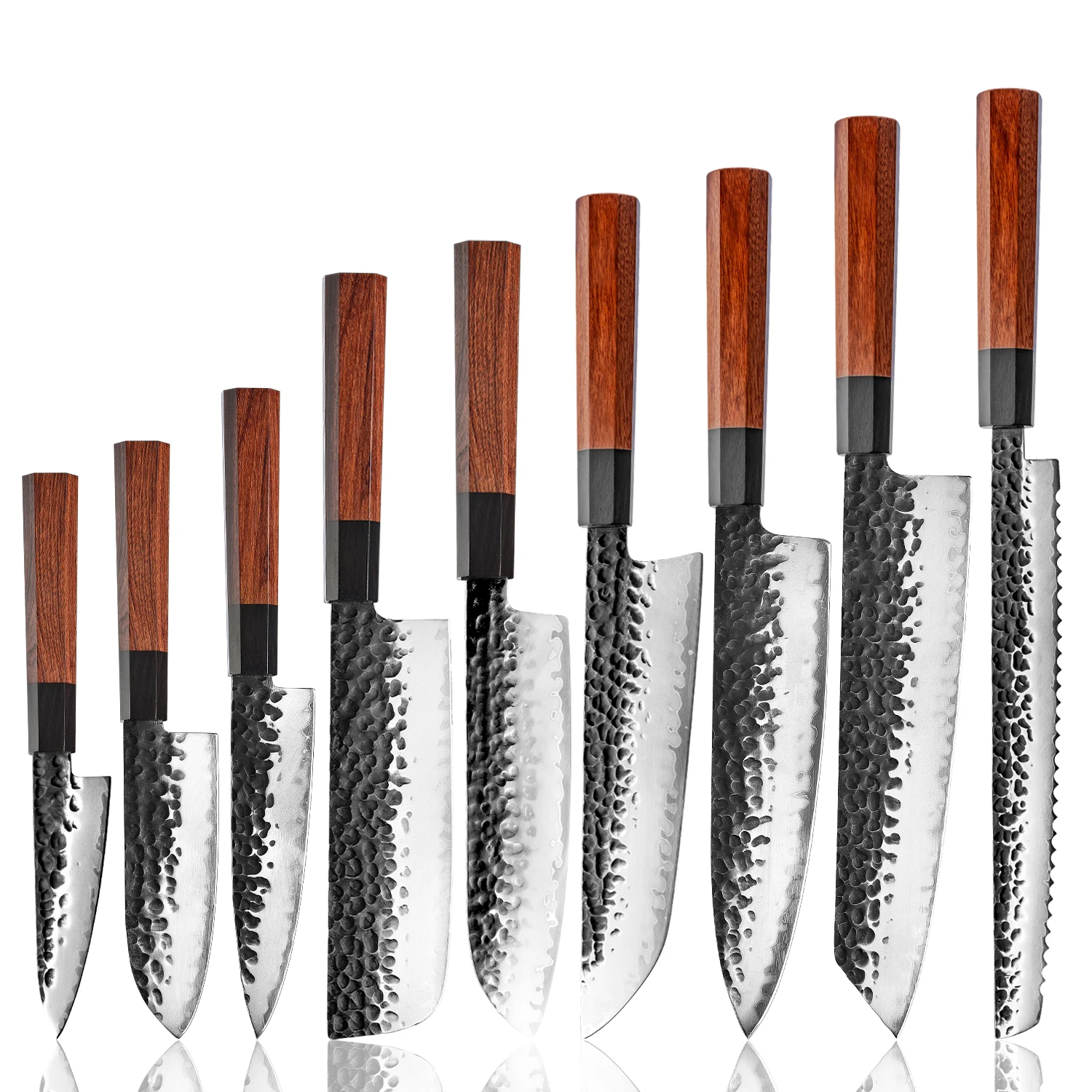 KAAMUT® 9-Piece Knife Set – AUS-10 Japanese Steel – Hammered Black Finish