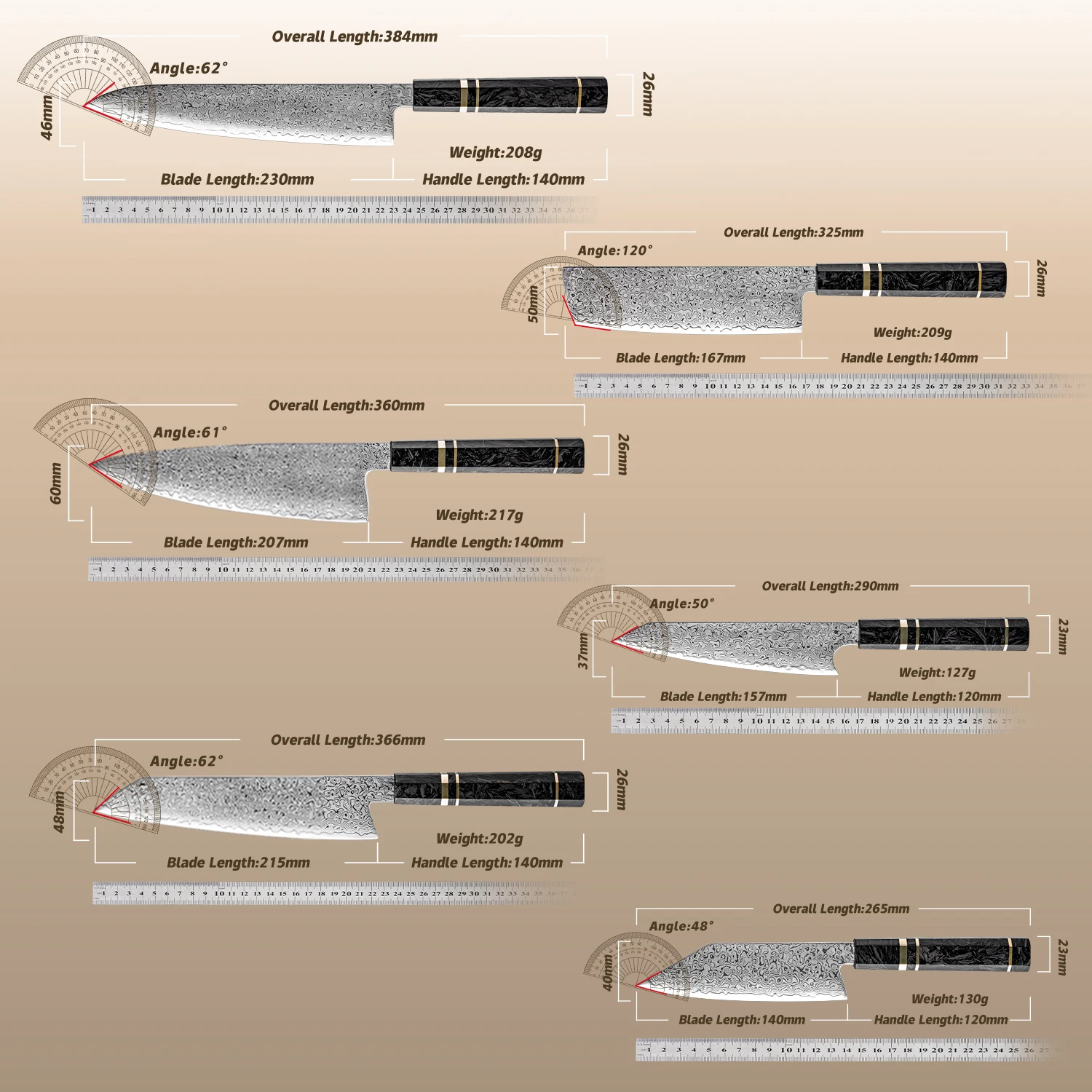 KAAMUT® – 6 Piece Knife Set – 67-Layer Damascus Steel – 10Cr15MoV Core – Carbon Fiber Handle - Image 6