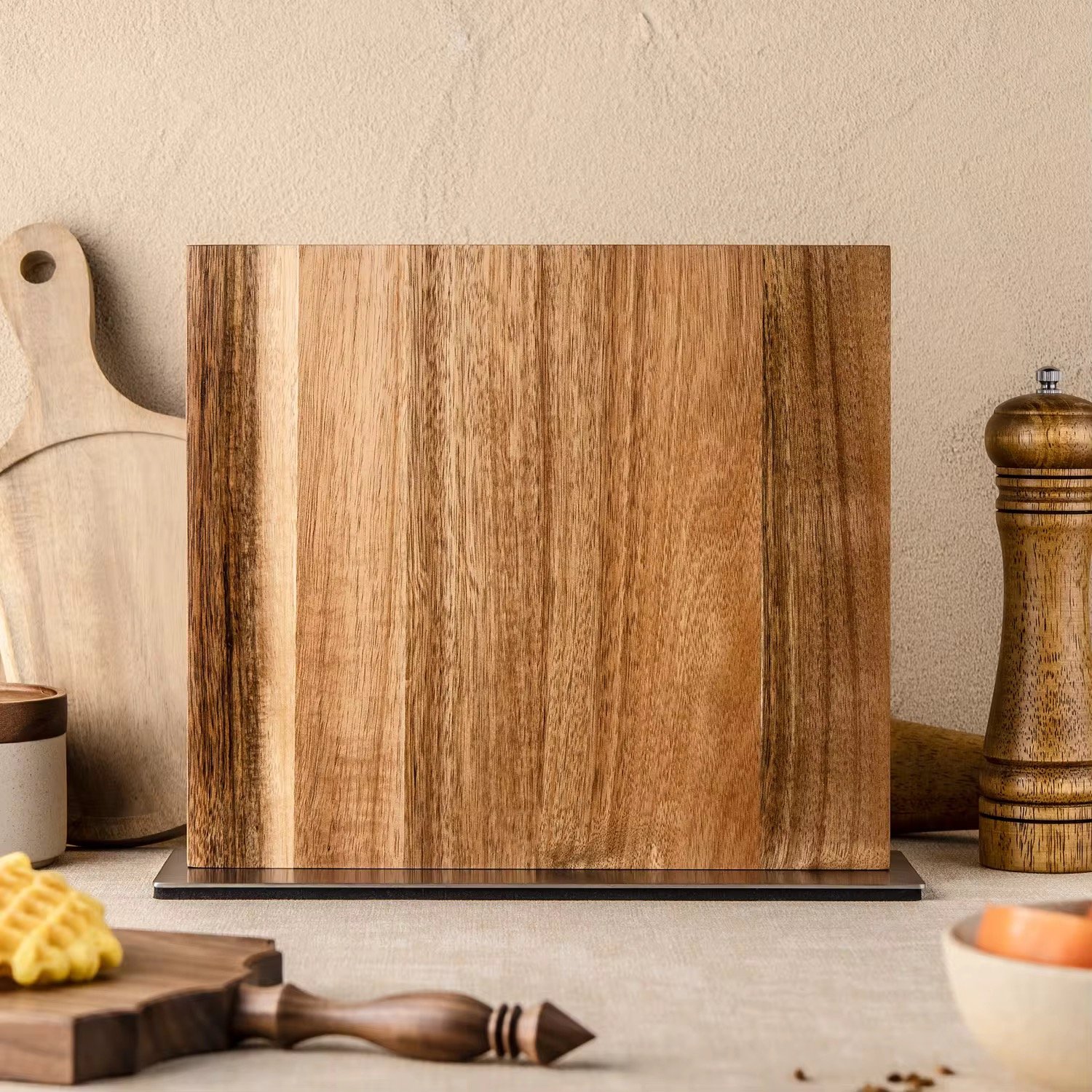 KAAMUT® Magnetic Knife Holder – Acacia Wood – Stainless Steel Base – Holds 5–7 Knives - Image 4