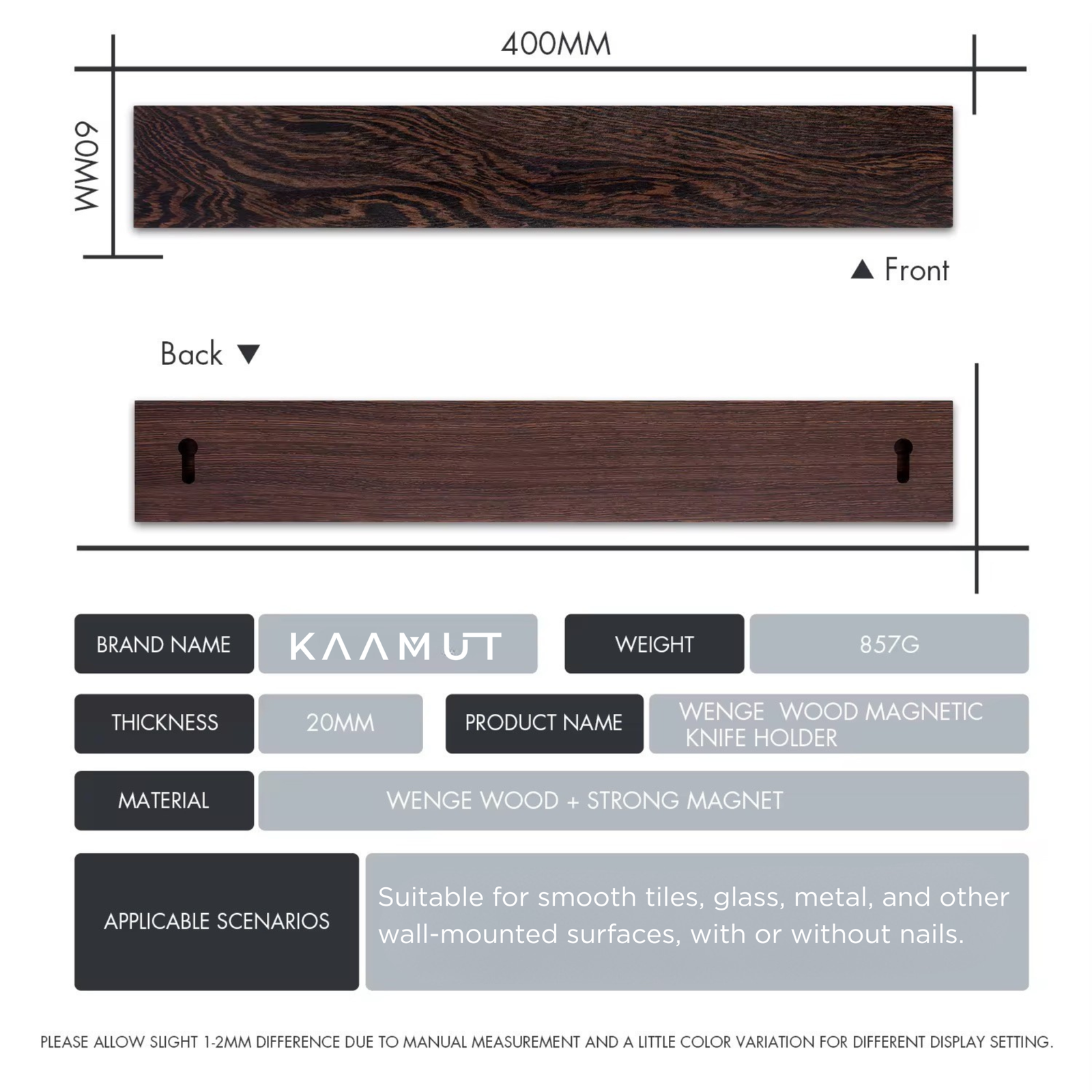 KAAMUT® Magnetic Knife Holder 40 cm – Wenge Wood – Extra Strong Knife Magnet - Image 4