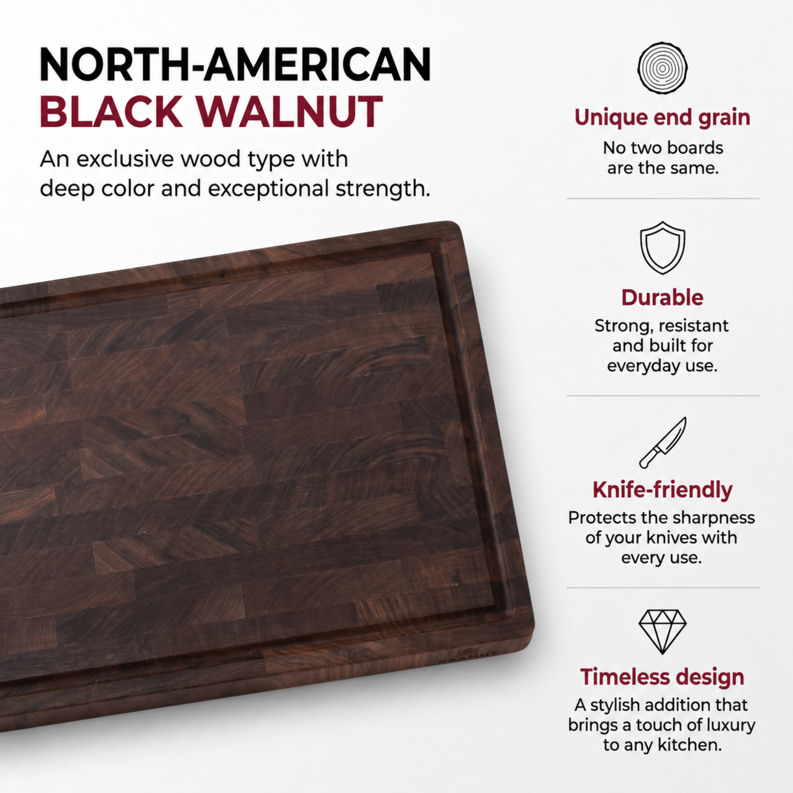 KAAMUT® End Grain Cutting Board 45 × 30 × 4 cm – North American Black Walnut - Image 2
